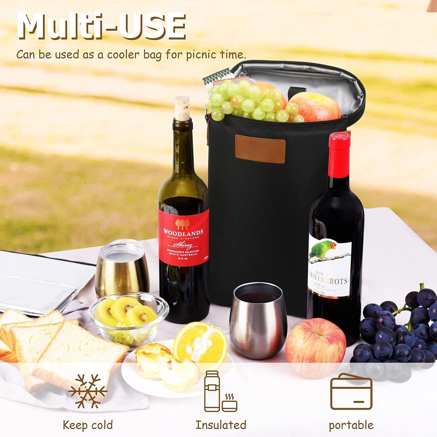 VinoCarrier | Insulated 2-Bottle Wine Tote Bag for Picnic Beach Gifting