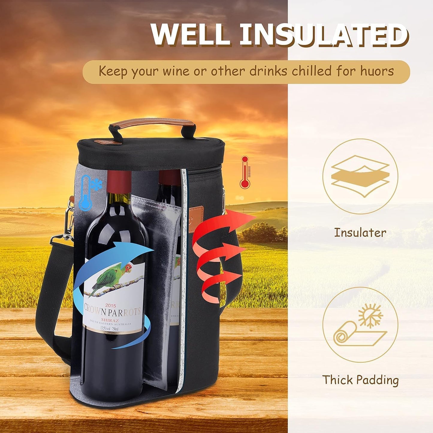 VinoCarrier | Insulated 2-Bottle Wine Tote Bag for Picnic Beach Gifting